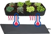 A heating mat is shown below a planter box with plants, with thermometers indicating heat rising from the mat to the planter. Podgląd zdjęcia produktu