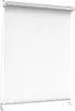 A white roller blind with a silver top bar and bottom bar, shown hanging and partially unrolled, with a silver pull chain on the left. Produktbild-Vorschau