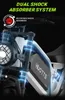 Close-up marketing image of an electric mountain bike's front suspension and battery area, highlighting the dual shock absorber system. Produktbild-Vorschau