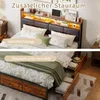 A split image showing a bed with storage features. The top part shows the headboard with integrated lighting and shelves, while the bottom part displays drawers under the bed. Produktbild-Vorschau