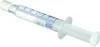 A white syringe with blue markings and a logo, lying on a white background. Produktbild-Vorschau