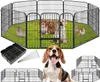 A collage of images showing a black metal dog playpen with various small animals and dogs inside, along with accessories and different configurations of the playpen. Voir les images du produit