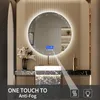 A modern bathroom vanity with a round LED mirror, sink, and marble countertop. Náhled obrázku produktu