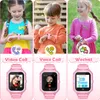 A collage of three images showing children using a pink smartwatch, with each image highlighting a different feature: video call, voice call, and WeChat. Below each image of the child, a close-up of the smartwatch screen demonstrating the feature is shown. Produktbild-Vorschau