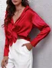 ASKSA Damen Satin Bluse V-Ausschnitt Hemde Elegant Knoepfen Produktbild-Vorschau 4