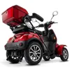 A red electric scooter with a storage box on the back, shown from a rear-diagonal angle against a white background. Produktbild-Vorschau