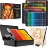 A collage of watercolor pencils, their packaging, and art supplies. Produktbild-Vorschau