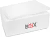 A white styrofoam cooler box with a lid slightly ajar, displaying the brand logo. Produktbild-Vorschau
