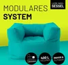 A turquoise beanbag chair is shown against a bright yellow and turquoise background, with text and icons highlighting its features. Náhled obrázku produktu