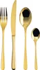 A set of gold-colored cutlery, including a fork, knife, and two spoons, is arranged on a white background. Anteprima dell’immagine prodotto
