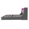 Side view of a gray upholstered bed frame with a slatted mattress base and a headboard with pink LED lighting. Náhled obrázku produktu