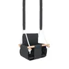 A dark gray baby swing with wooden accents, suspended by ropes against a white background. Produktbild-Vorschau