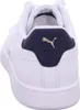 The back view of a white Puma sneaker with a navy blue heel tab and a gold Puma logo. Produktbild-Vorschau