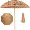 A straw umbrella is shown in three different views: fully open, from the top, and closed. Podgląd zdjęcia produktu