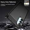 A black phone case with carbon fiber accents is shown in a dynamic, falling pose against a dark, rocky background. Text overlays highlight its protective features. Produktbild-Vorschau