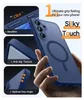 A hand holding a blue phone case with marketing text and feature callouts. Produktbild-Vorschau