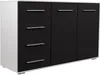 A white and black dresser with multiple drawers and doors. Voir les images du produit