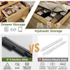 Collage of images showing different features of a bed, including drawer storage, hydraulic storage, and comparison of drawer slides. Produktbild-Vorschau