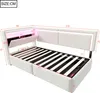 A white bed frame with integrated lighting and storage compartments, shown with dimensions indicated. Podgląd zdjęcia produktu