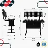 Diagrams showing the dimensions of a black metal bench with a backrest and storage compartment. Produktbild-Vorschau