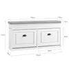A diagram showing the dimensions of a white shoe cabinet with a gray upholstered top. Produktbild-Vorschau