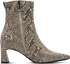A single beige and black snakeskin print ankle boot with a side zipper and a block heel, shown from the side against a white background. Produktbild-Vorschau