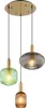 A multi-pendant light fixture with three glass shades in different colors and textures, suspended from a round gold-colored base. Produktbild-Vorschau