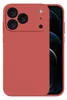 A red iPhone case with a camera bump is shown against a light gray background. Produktbild-Vorschau