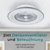A modern ceiling fan with integrated lighting, mounted on a white ceiling. The image includes text describing its features. Produktbild-Vorschau
