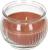 A close-up shot of a brown candle in a clear glass jar. Voir les images du produit