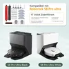 A collage showing a set of vacuum cleaner accessories and two robot vacuum cleaners in their charging docks, one black and one white. Produktbild-Vorschau