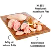 A wooden cutting board with raw chicken pieces, a knife, and a small bowl of oil, with marketing text overlays. Produktbild-Vorschau