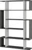 A modern, geometric bookshelf with alternating gray and off-white shelves against a white background. Produktbild-Vorschau