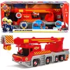 A collage showing the packaging of a toy fire truck and the toy fire truck itself. Produktbild-Vorschau