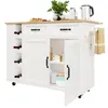 A white kitchen island with a wooden countertop, featuring drawers, cabinets, and a wine rack. Podgląd zdjęcia produktu
