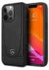 A black leather phone case with a Mercedes-Benz logo is shown next to a smartphone displaying the time and date. Voir les images du produit