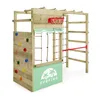 A wooden playground structure with a climbing wall, ropes, and a basketball hoop, set against a white background. Podgląd zdjęcia produktu