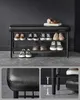 A black shoe rack with a cushioned seat, displaying various shoes on its shelves. The image is split into two views: a full shot of the shoe rack and a close-up detail of the seat stitching. A second smaller image shows the height clearance under the shoe  Náhled obrázku produktu