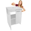 A woman points to a white bathroom vanity with a sink. Produktbild-Vorschau