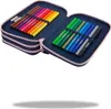 A navy blue pencil case with pink trim, opened to reveal two rows of colorful markers. Náhled obrázku produktu