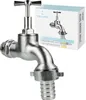 A close-up studio shot of a silver faucet with a box of the product in the background. Produktbild-Vorschau