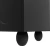 A close-up view of the bottom part of a black TV cabinet with rounded legs. Voir les images du produit