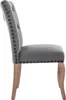 Side view of a gray upholstered dining chair with wooden legs. Náhľad obrázku produktu