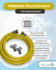 A yellow filling hose for heating systems is coiled in the center of the image, with text descriptions of its features on the right side and a radiator icon above. Produktbild-Vorschau