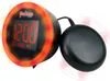 A close-up product shot of a black alarm clock with a red illuminated ring and a separate black vibrating puck. Voir les images du produit