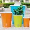 Three self-watering plant pots of different sizes and colors are arranged on a surface, with a plant in the middle pot. Produktbild-Vorschau