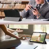 A split image showing a tablet case in use in two different scenarios: a person playing a game and a person meditating while watching a video on the tablet. Produktbild-Vorschau