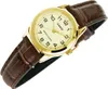 A close-up, angled shot of a women's analog wristwatch with a gold-tone case and a brown leather strap. Produktbild-Vorschau