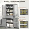 A gray bathroom cabinet with its doors open, showing storage shelves and a drawer. Text overlays highlight features and dimensions. Voir les images du produit