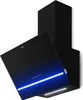 A black angled kitchen hood with blue LED lighting. Náhľad obrázku produktu